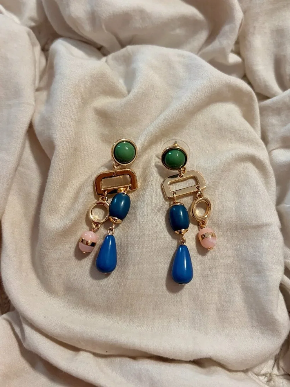 Free People Gold Tone Multi Color Beaded Drop Statement Earrings